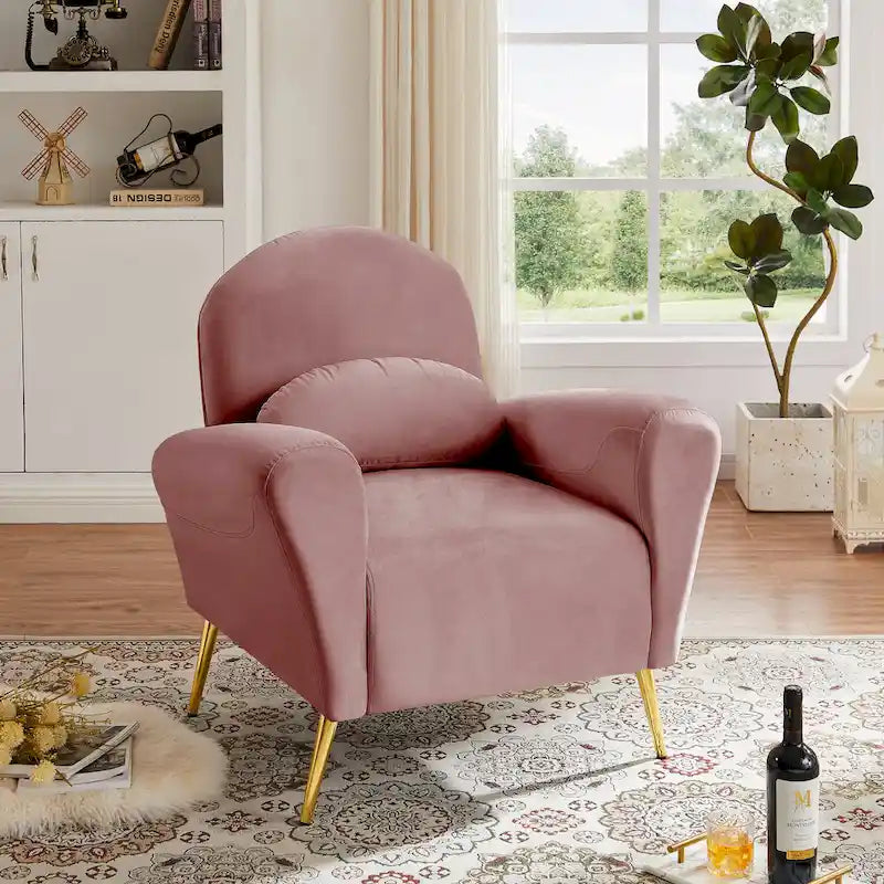 Velvet Modern Accent Chair Comfy Upholstered Armchair with Pillow and Golden Metal Lges for Living Room