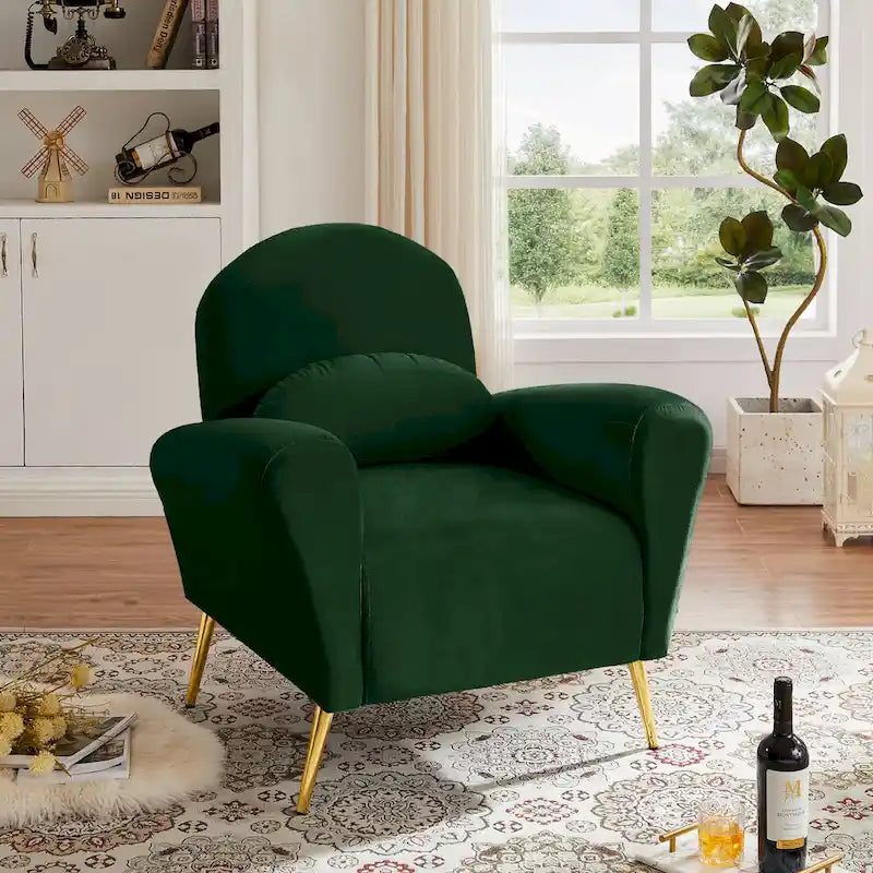 Velvet Modern Accent Chair Comfy Upholstered Armchair with Pillow and Golden Metal Lges for Living Room