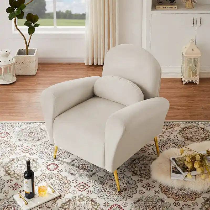 Velvet Modern Accent Chair Comfy Upholstered Armchair with Pillow and Golden Metal Lges for Living Room