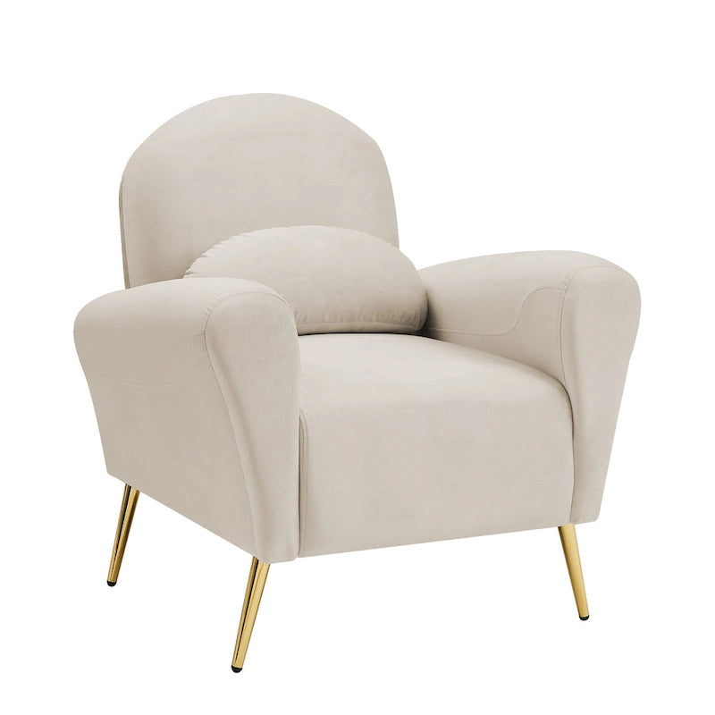 Velvet Modern Accent Chair Comfy Upholstered Armchair with Pillow and Golden Metal Lges for Living Room