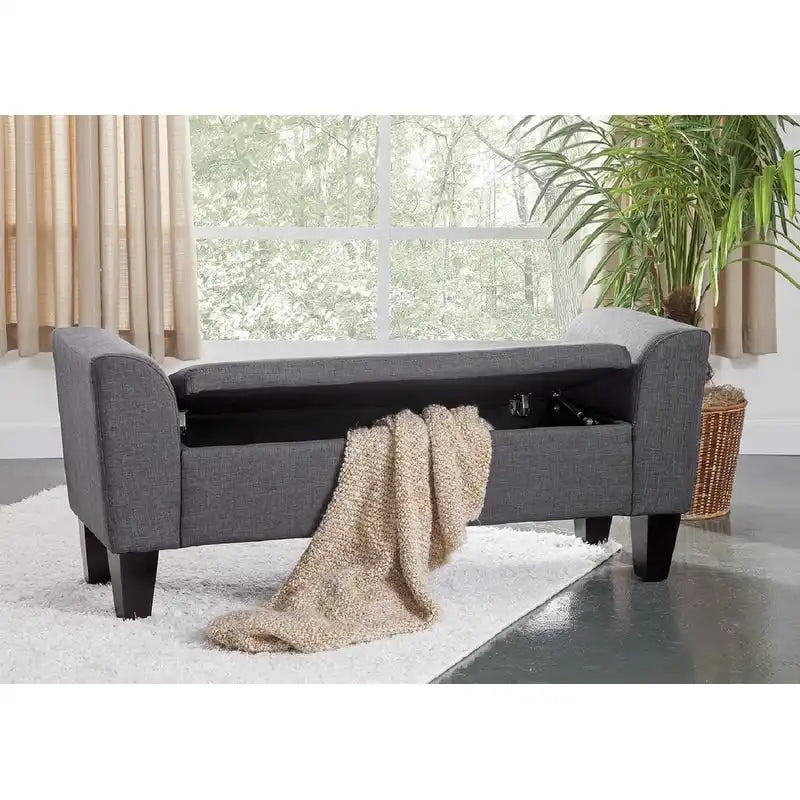Gray Upholstered Storage Bench with Lift-Top