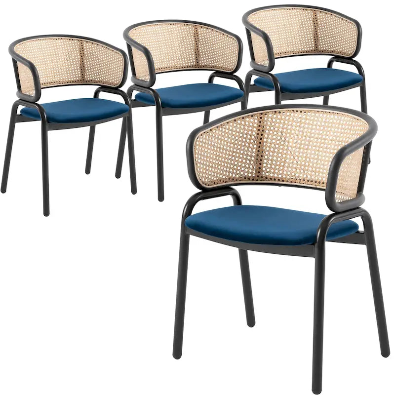 Wicker Back Dining Chair with Velvet Seat and Metal Legs
