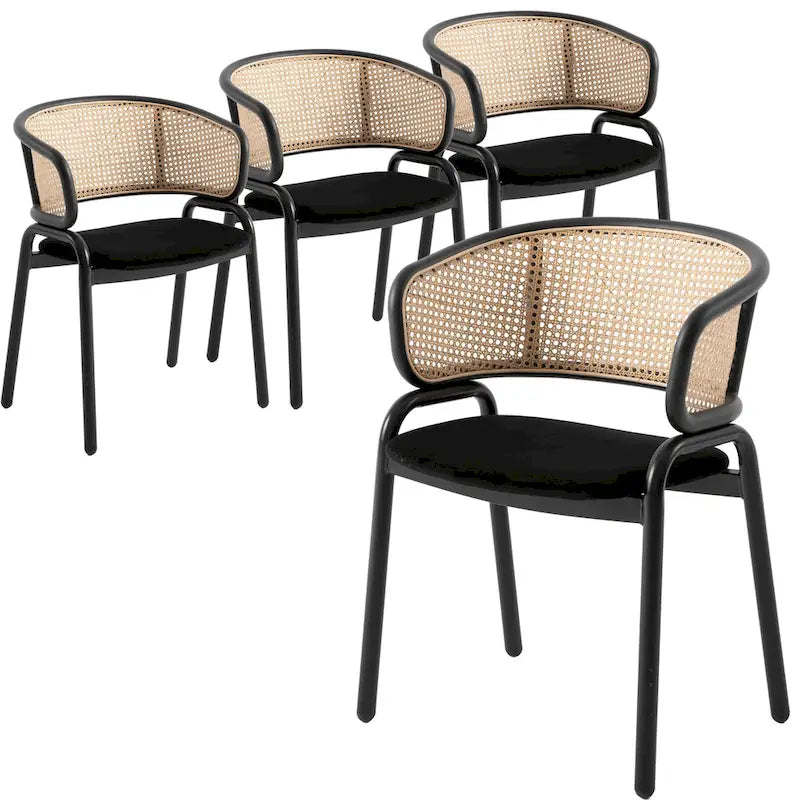 Wicker Back Dining Chair with Velvet Seat and Metal Legs