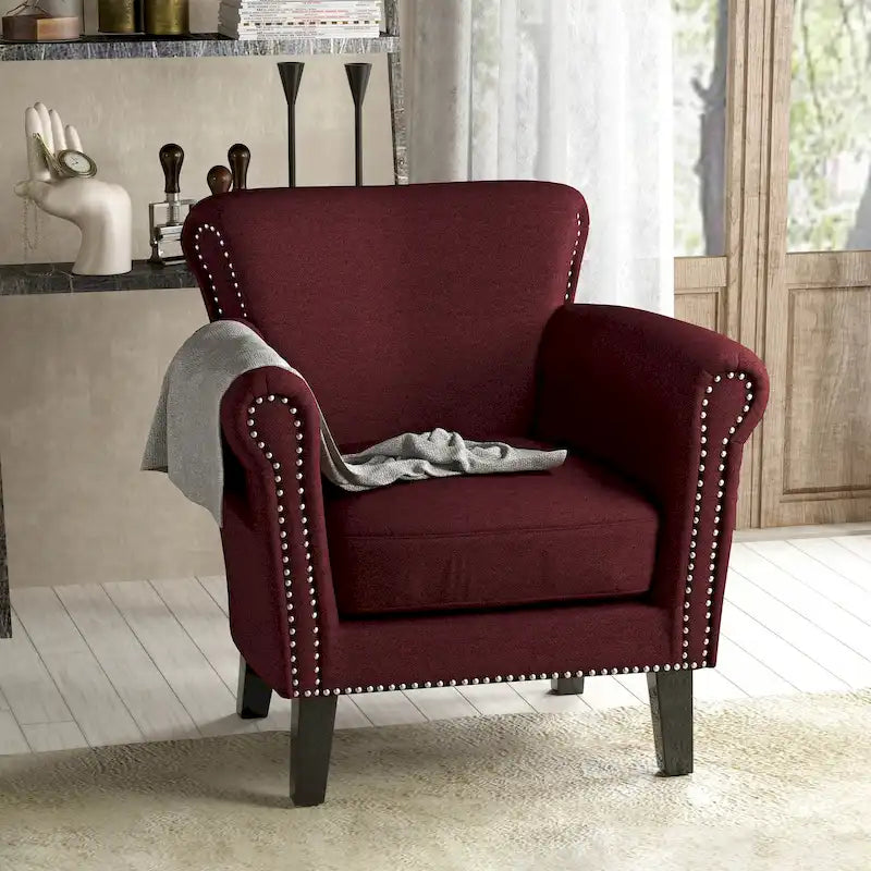 Modern roll-up club chair, adorned with rivet details