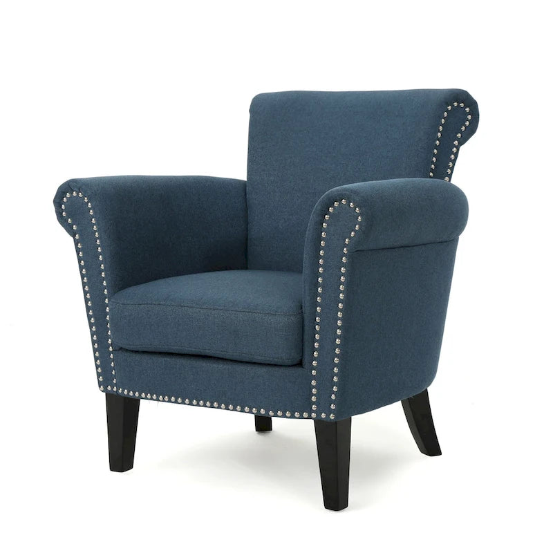 Modern roll-up club chair, adorned with rivet details