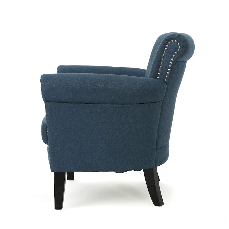 Modern roll-up club chair, adorned with rivet details
