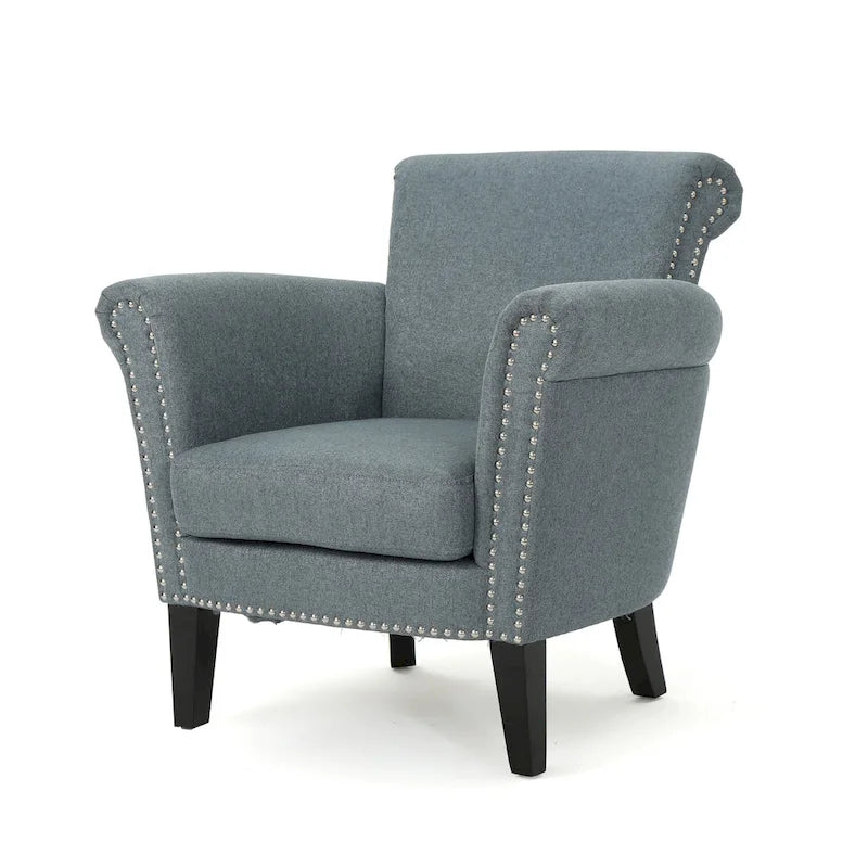Modern roll-up club chair, adorned with rivet details