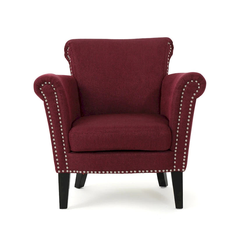 Modern roll-up club chair, adorned with rivet details