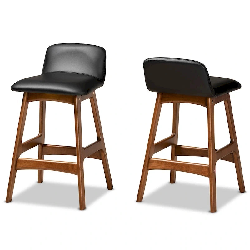 Black Faux Leather Counter Stool - Walnut Brown Mid-Century Style