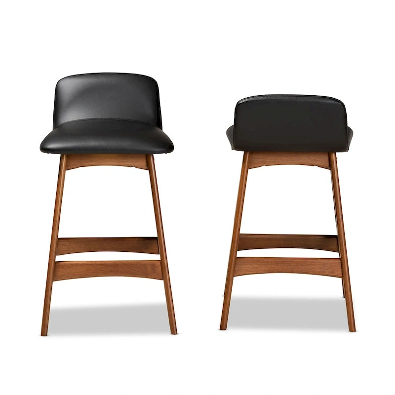 Black Faux Leather Counter Stool - Walnut Brown Mid-Century Style