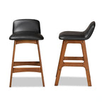 Black Faux Leather Counter Stool - Walnut Brown Mid-Century Style
