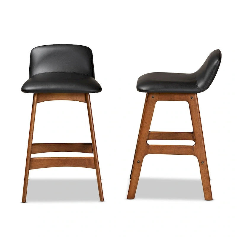 Black Faux Leather Counter Stool - Walnut Brown Mid-Century Style