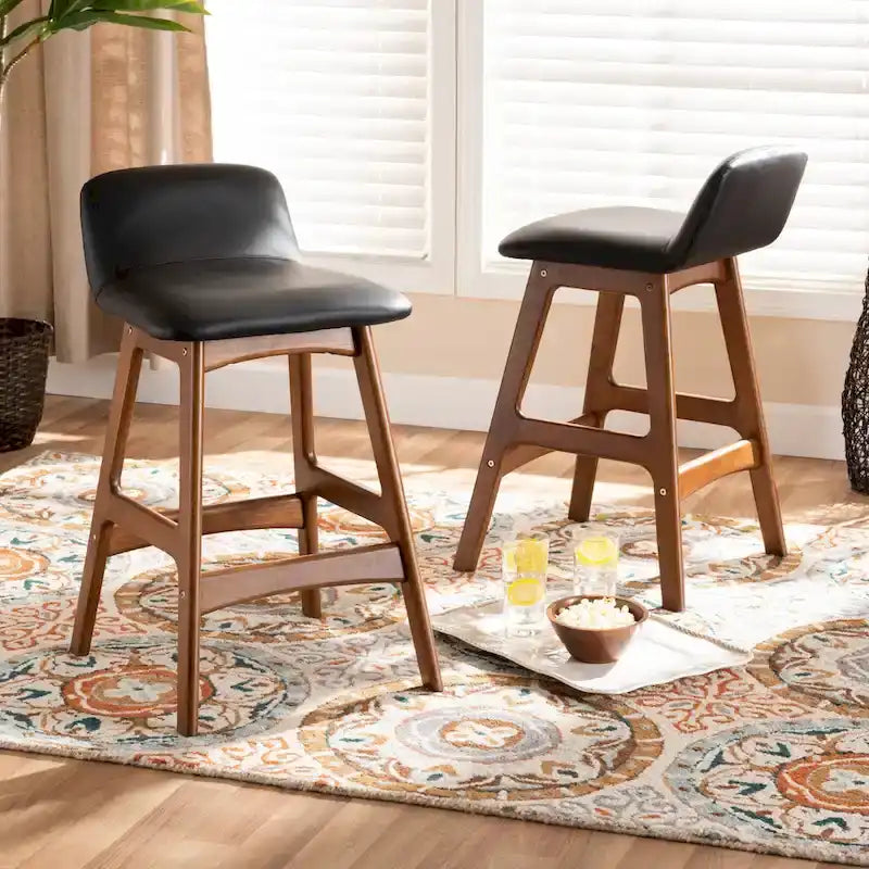 Black Faux Leather Counter Stool - Walnut Brown Mid-Century Style
