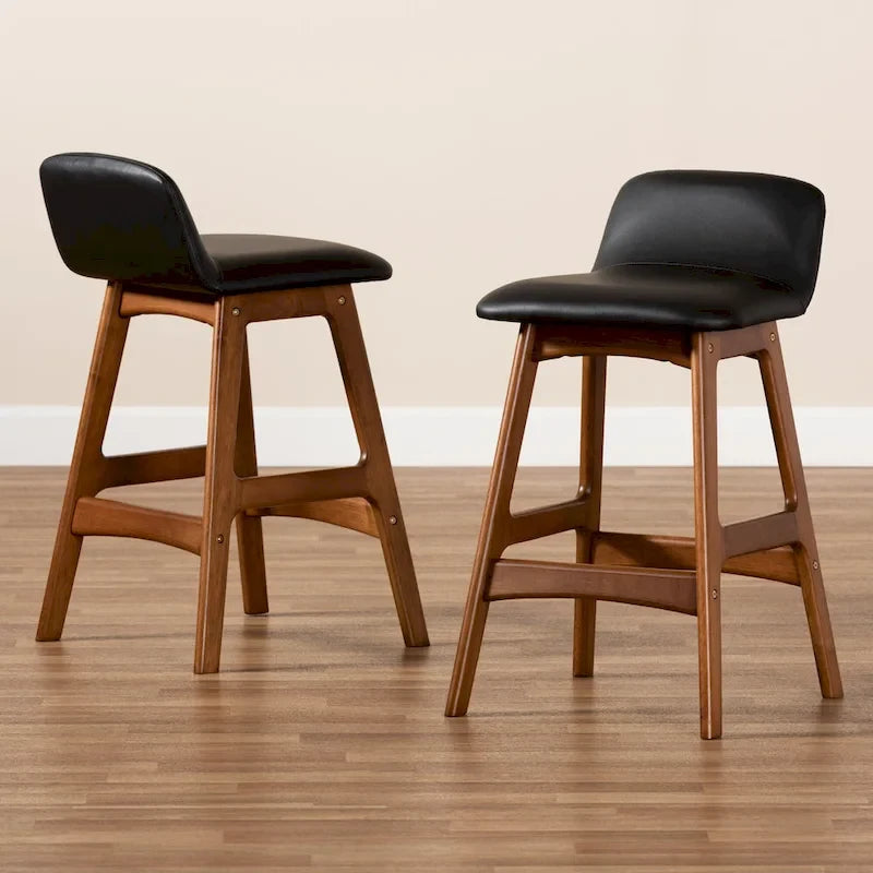 Black Faux Leather Counter Stool - Walnut Brown Mid-Century Style