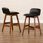 Black Faux Leather Counter Stool - Walnut Brown Mid-Century Style