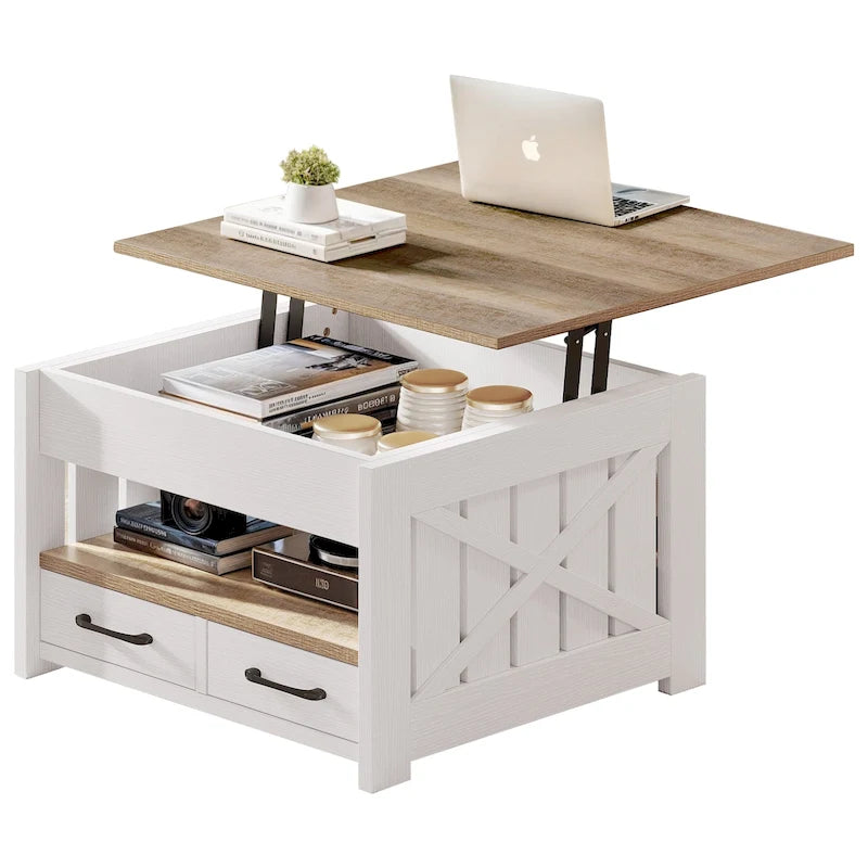 Square Lift Top Coffee Table - White & Gray Wood