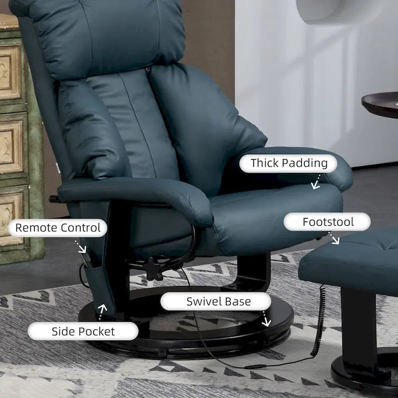 Gray Massage Recliner Chair with Footstool, 360° Swivel, Single Seat