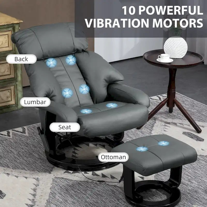 Gray Massage Recliner Chair with Footstool, 360° Swivel, Single Seat