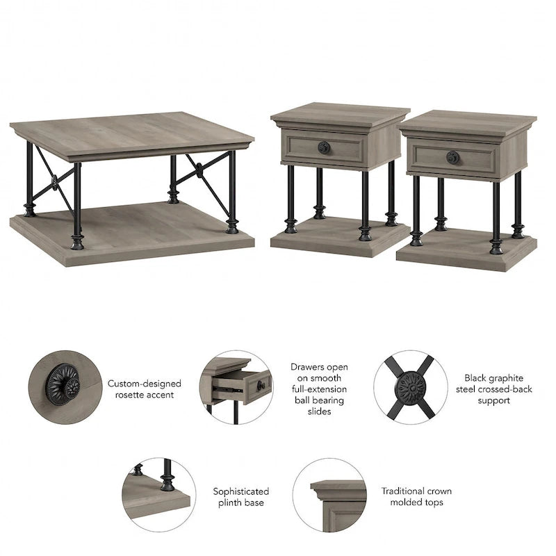 Black Square Coffee Table with 2 End Tables