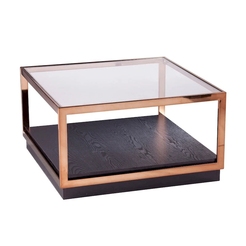 Transitional style square metal coffee table, glass top, wooden base