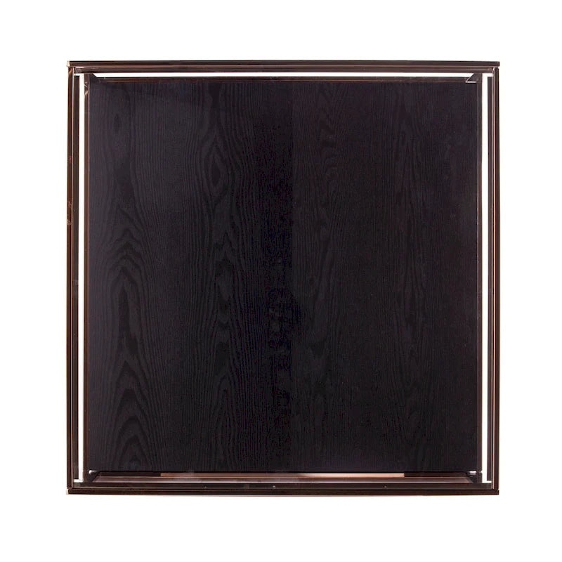 Transitional style square metal coffee table, glass top, wooden base