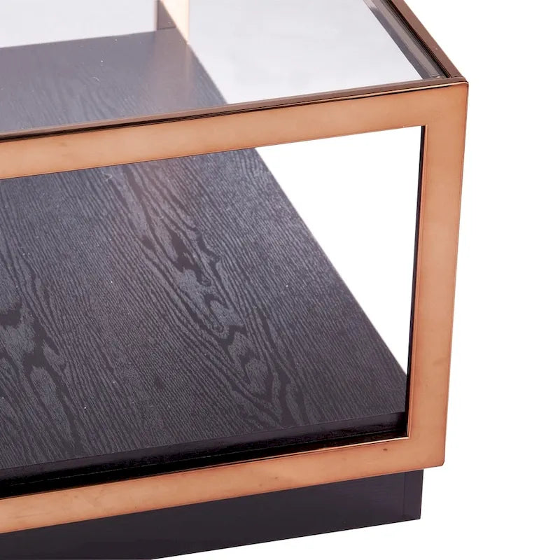 Transitional style square metal coffee table, glass top, wooden base
