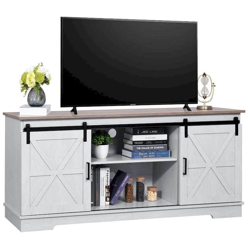 White Sliding Barn Door TV Stand for Up to 65 Inch TVs