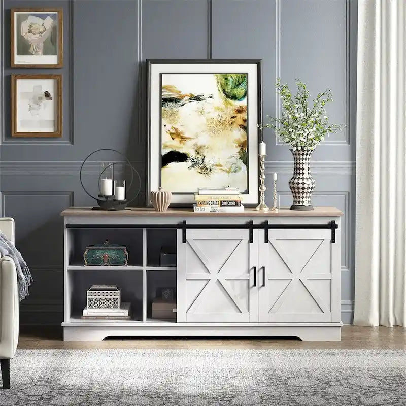 White Sliding Barn Door TV Stand for Up to 65 Inch TVs