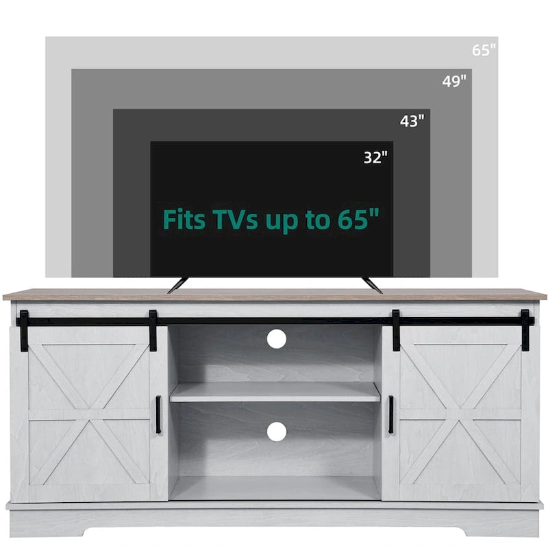 White Sliding Barn Door TV Stand for Up to 65 Inch TVs