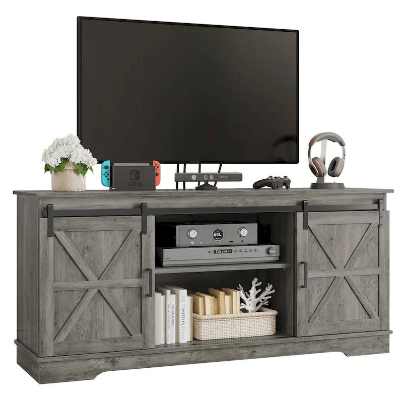 White Sliding Barn Door TV Stand for Up to 65 Inch TVs