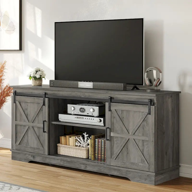 White Sliding Barn Door TV Stand for Up to 65 Inch TVs