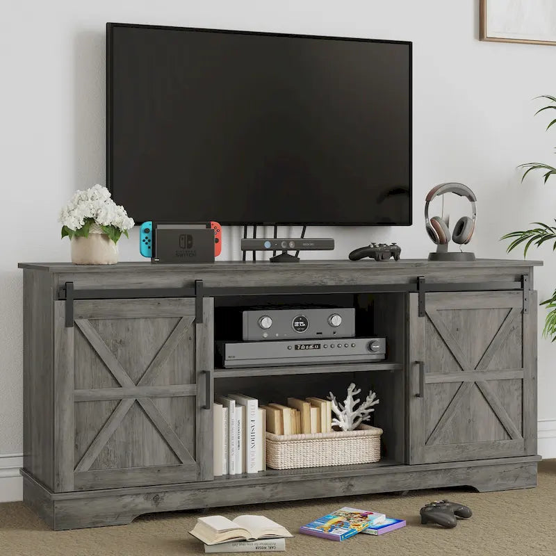 White Sliding Barn Door TV Stand for Up to 65 Inch TVs