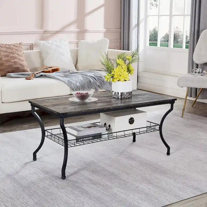 Brown Vintage Coffee Table with Metal Frame