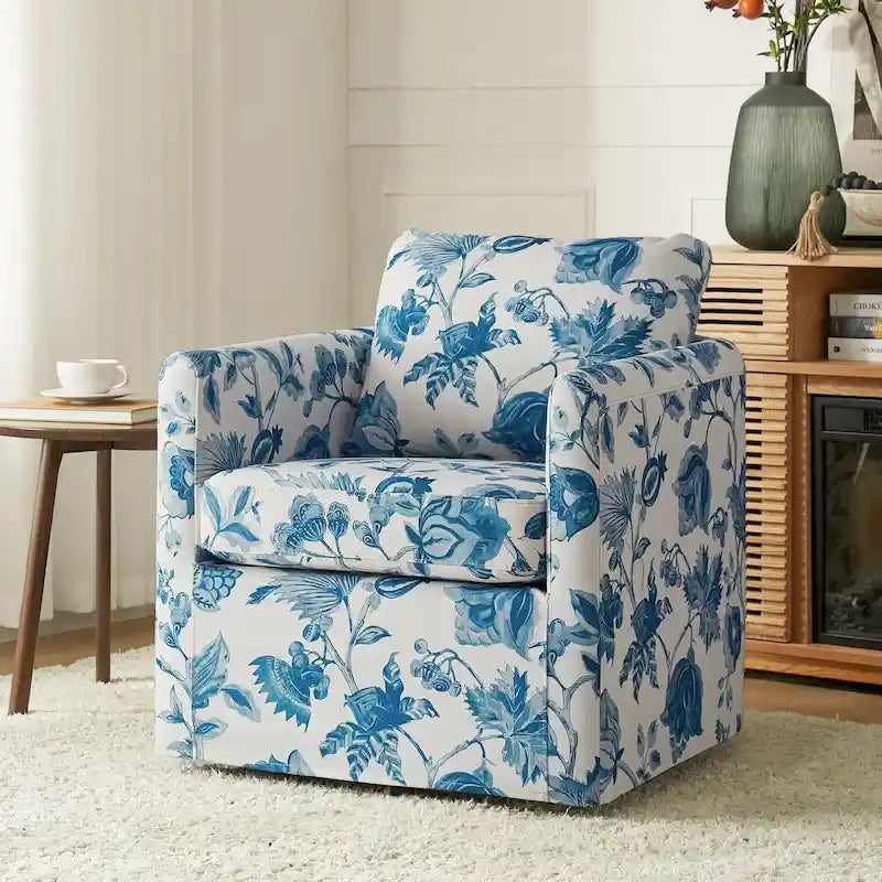 Floral Linen Swivel Barrel Chair for Living Room