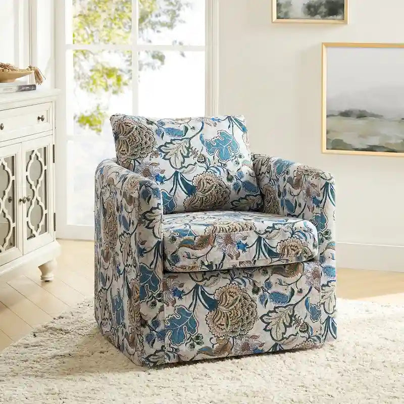 Floral Linen Swivel Barrel Chair for Living Room