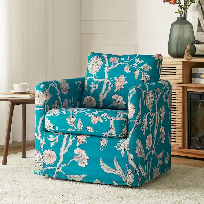 Floral Linen Swivel Barrel Chair for Living Room