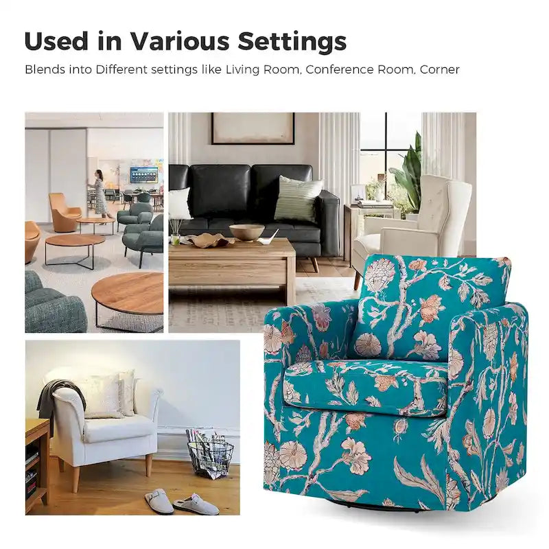 Floral Linen Swivel Barrel Chair for Living Room