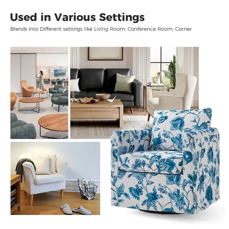 Floral Linen Swivel Barrel Chair for Living Room