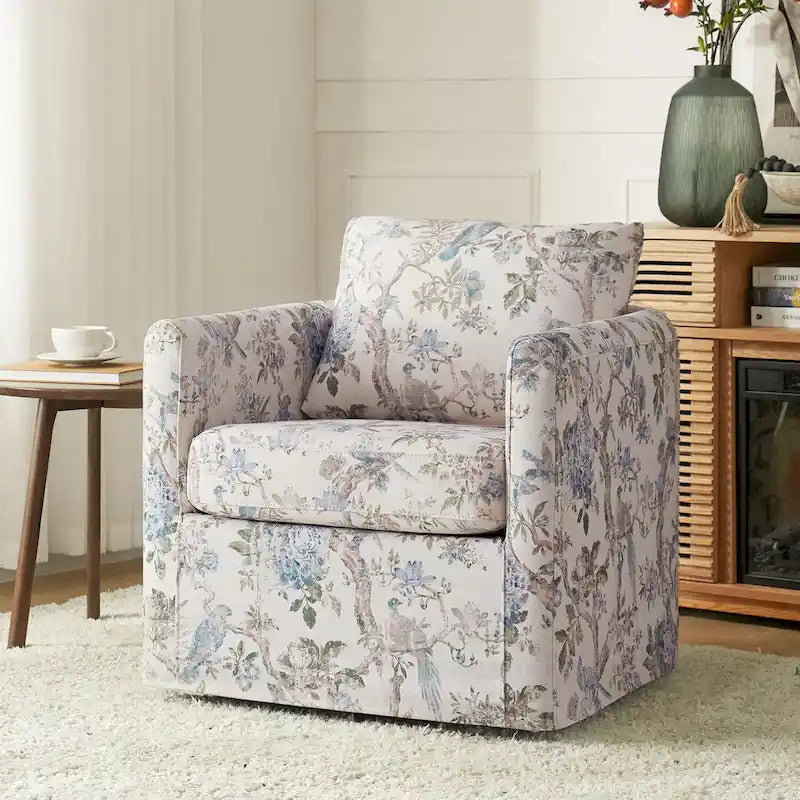 Floral Linen Swivel Barrel Chair for Living Room