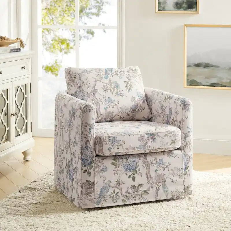 Floral Linen Swivel Barrel Chair for Living Room