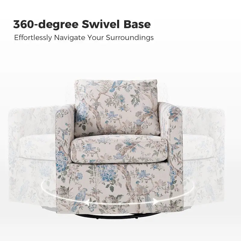 Floral Linen Swivel Barrel Chair for Living Room