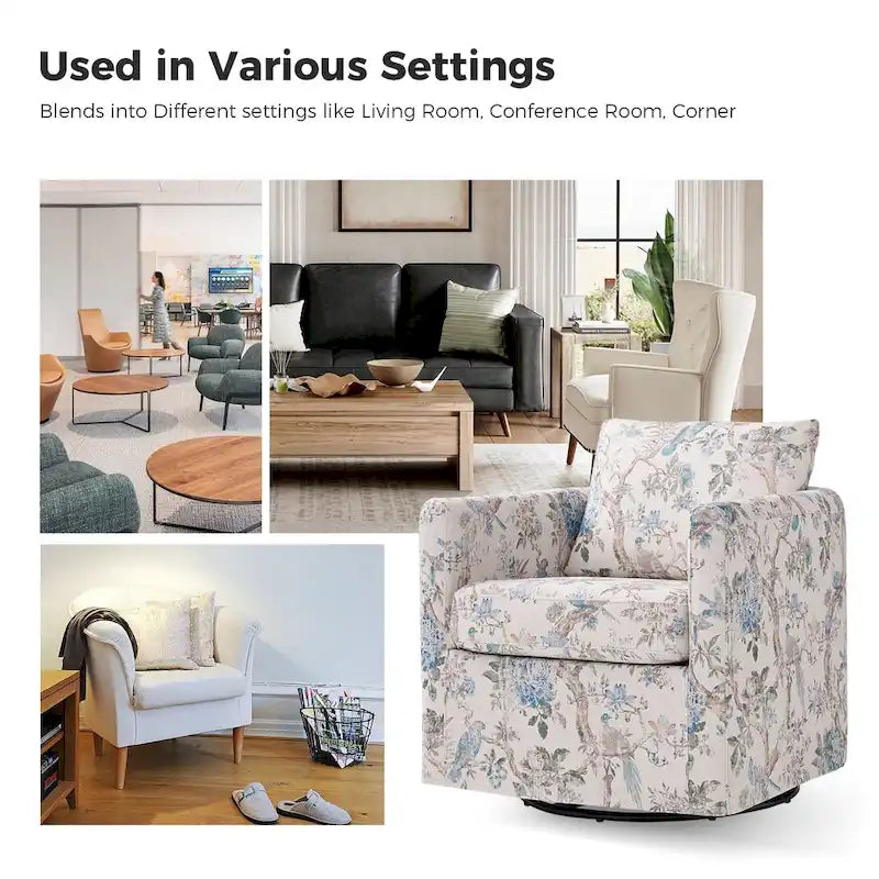 Floral Linen Swivel Barrel Chair for Living Room