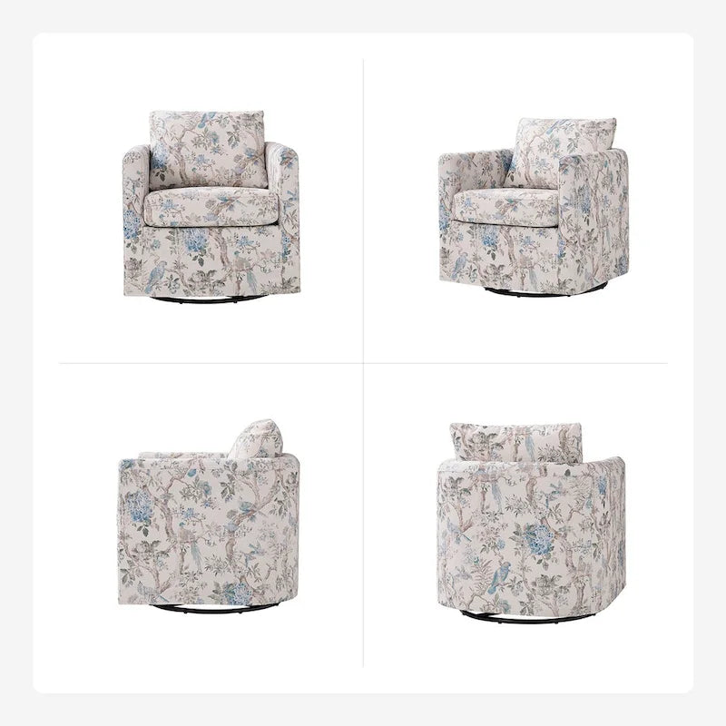 Floral Linen Swivel Barrel Chair for Living Room