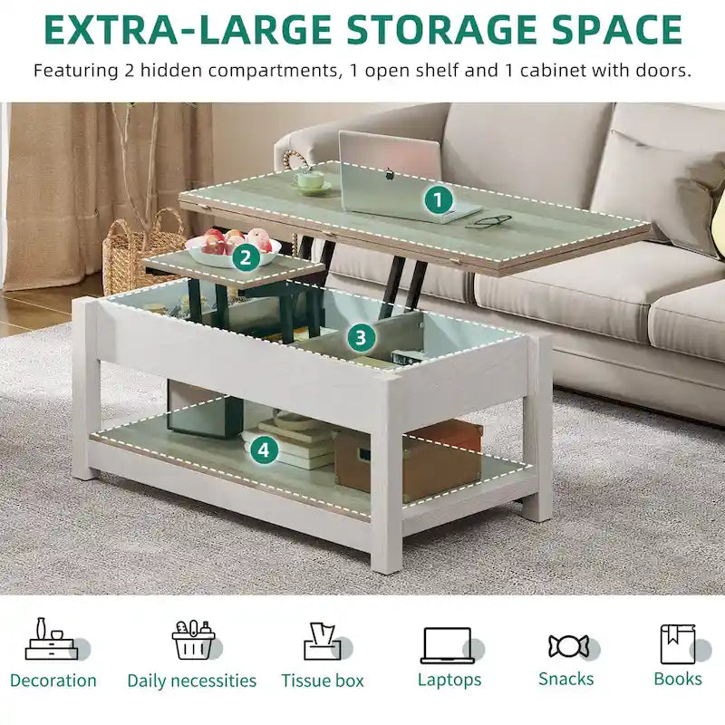 Lift Top Coffee Table with Storage - Extendable for 6-8 People