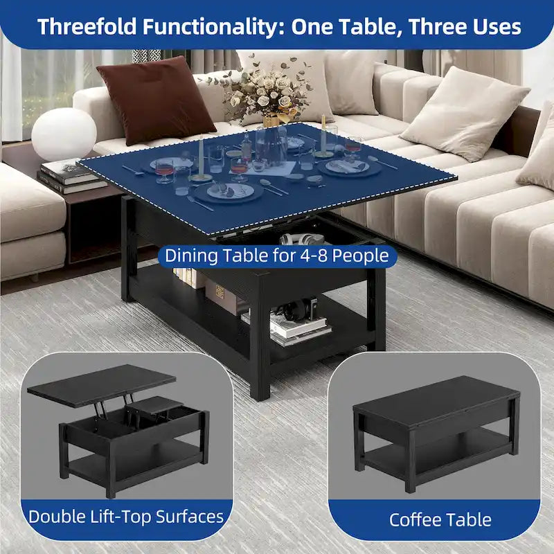 Lift Top Coffee Table with Storage - Extendable for 6-8 People
