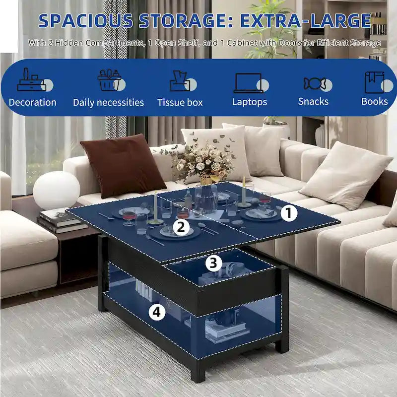 Lift Top Coffee Table with Storage - Extendable for 6-8 People