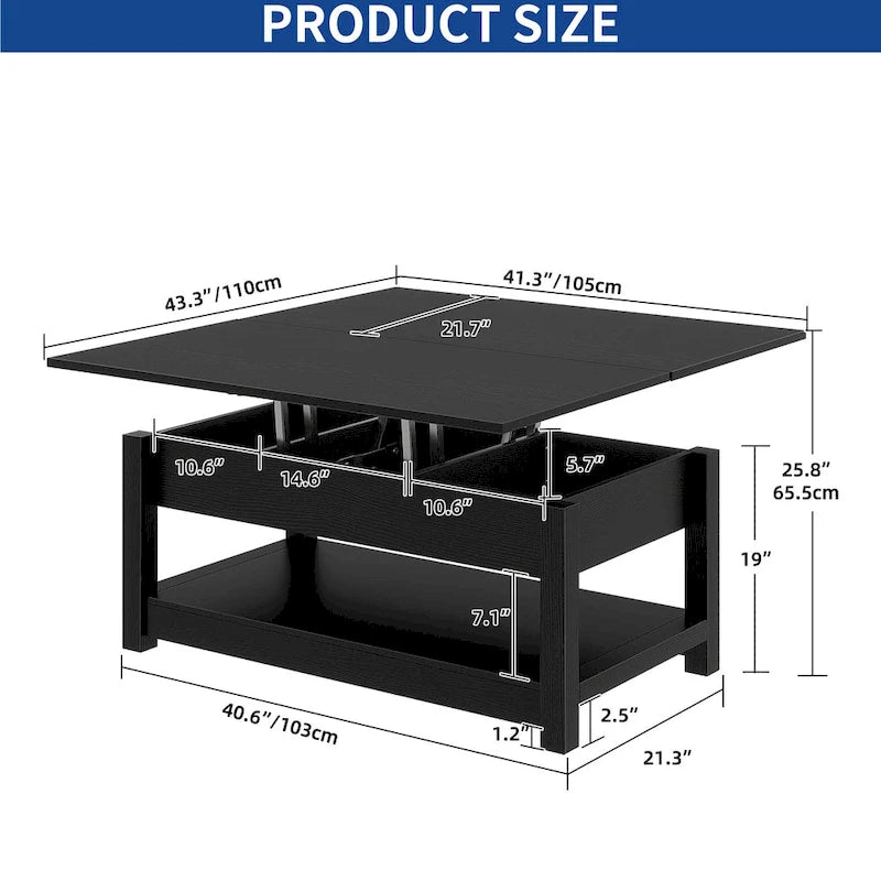 Lift Top Coffee Table with Storage - Extendable for 6-8 People
