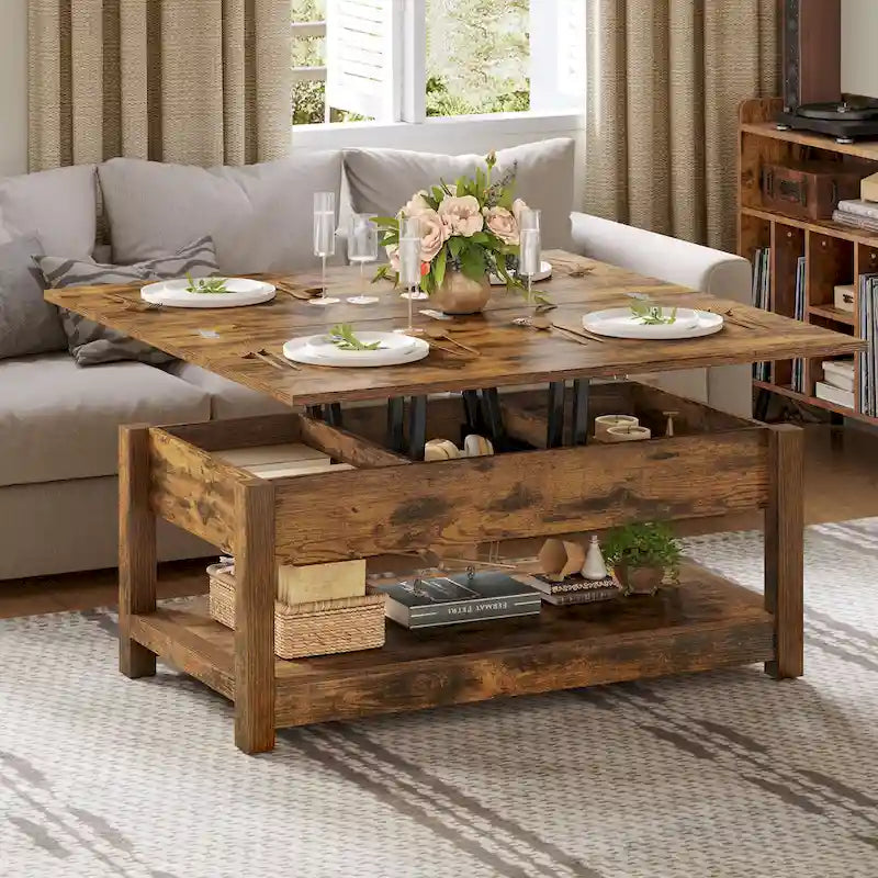 Lift Top Coffee Table with Storage - Extendable for 6-8 People
