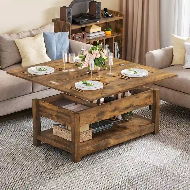 Lift Top Coffee Table with Storage - Extendable for 6-8 People