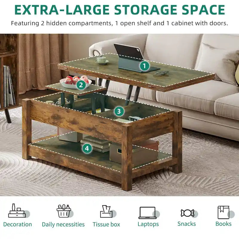 Lift Top Coffee Table with Storage - Extendable for 6-8 People